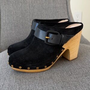 Veronica Beard Black Suede Clogs with Wooden Heel